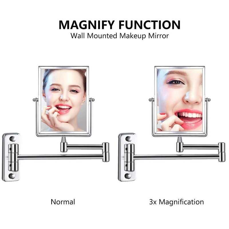QiMH 3X Magnifying Wall Mounted Vanity Makeup Mirror | Rectangular 8x6 Inch with Extendable Arm | Polished Chrome Finish Double-Sided Swivel Mirror - Image 3